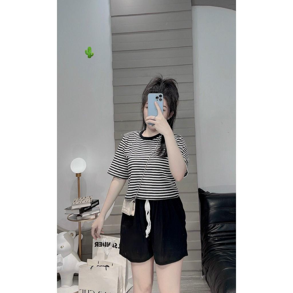 set bộ áo croptop sọc ngang tay ngắn quần short đùi đen thun gân