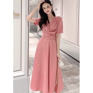 Đầm váy freesize hồng ruốc form dài chéo eo