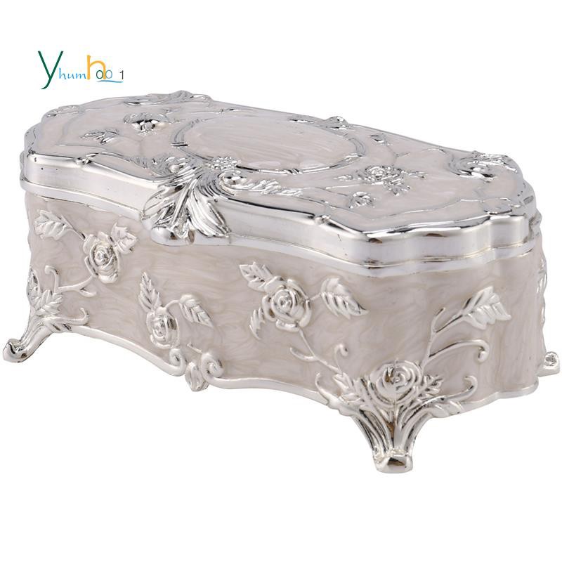 Vintage Jewellery Case Fashion Jewelry Box White Enamel Zinc-Alloy Metal Trinket Box Flower Carved Toothpick Storage