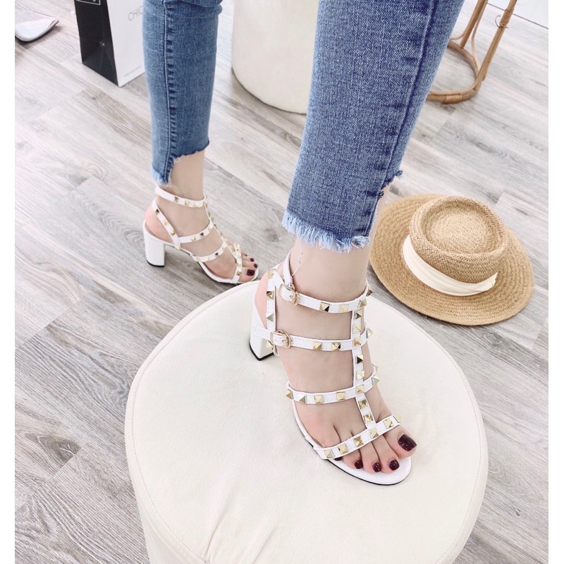 Sandal đinh Valen gót cao 3 màu kem - đen - trắng