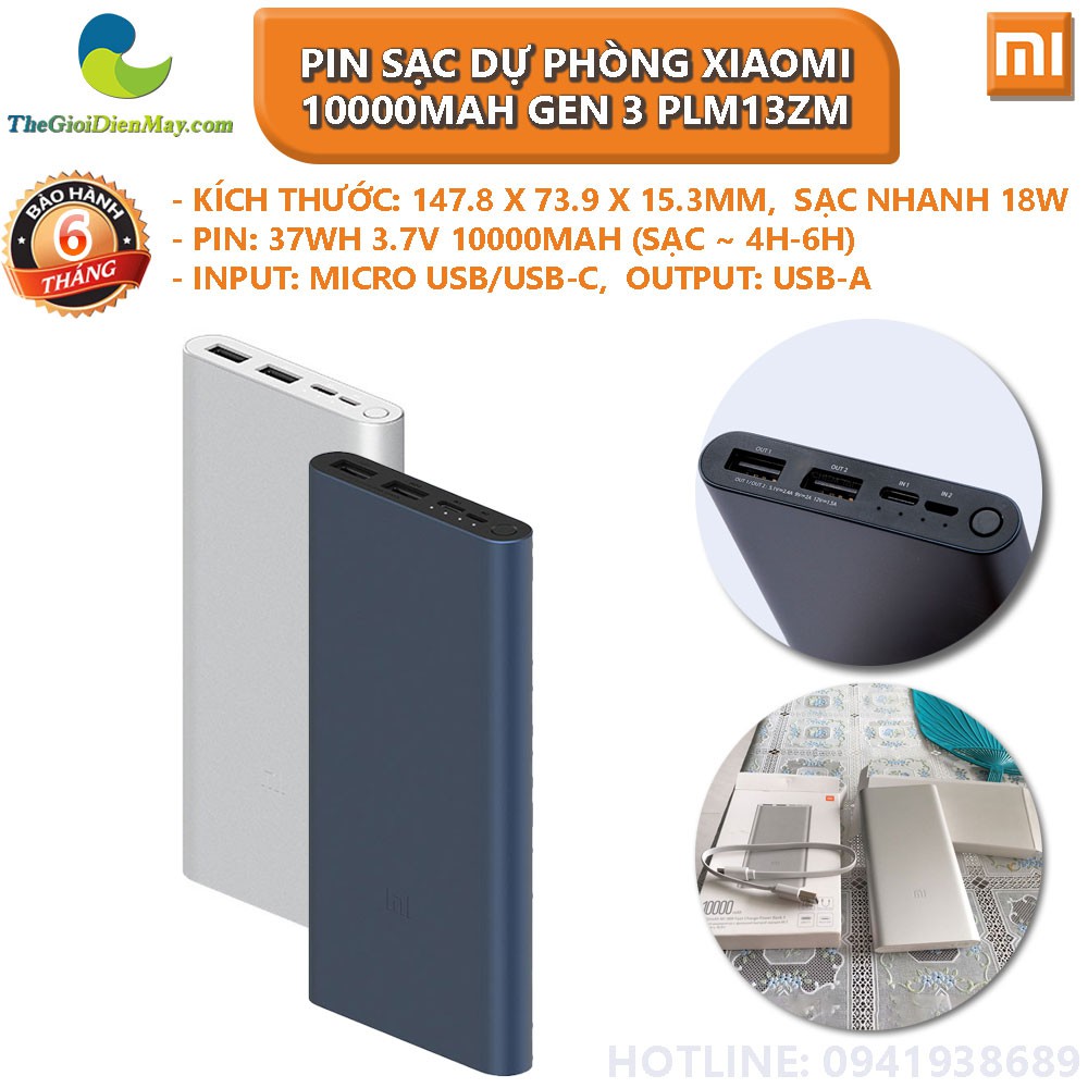 Pin sạc dự phòng Xiaomi 10000mah Gen 3 - Bảo hành 6 tháng - Shop Thế giới điện máy