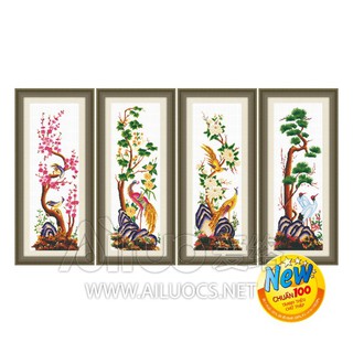 Tranh thêu chữ thập Tứ quý mai lan cúc trúc và chim quý < 51385 > chưa thêu