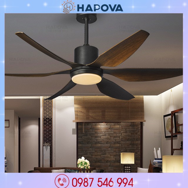 Quạt trần đèn dấu cánh, quạt có đèn 6 cánh gỗ HAPOVA HASSA 8090 + Tặng kèm khiển