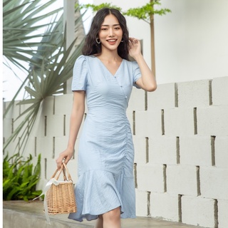 Lahoa đầm công sở nhấn eo cổ v bội linh