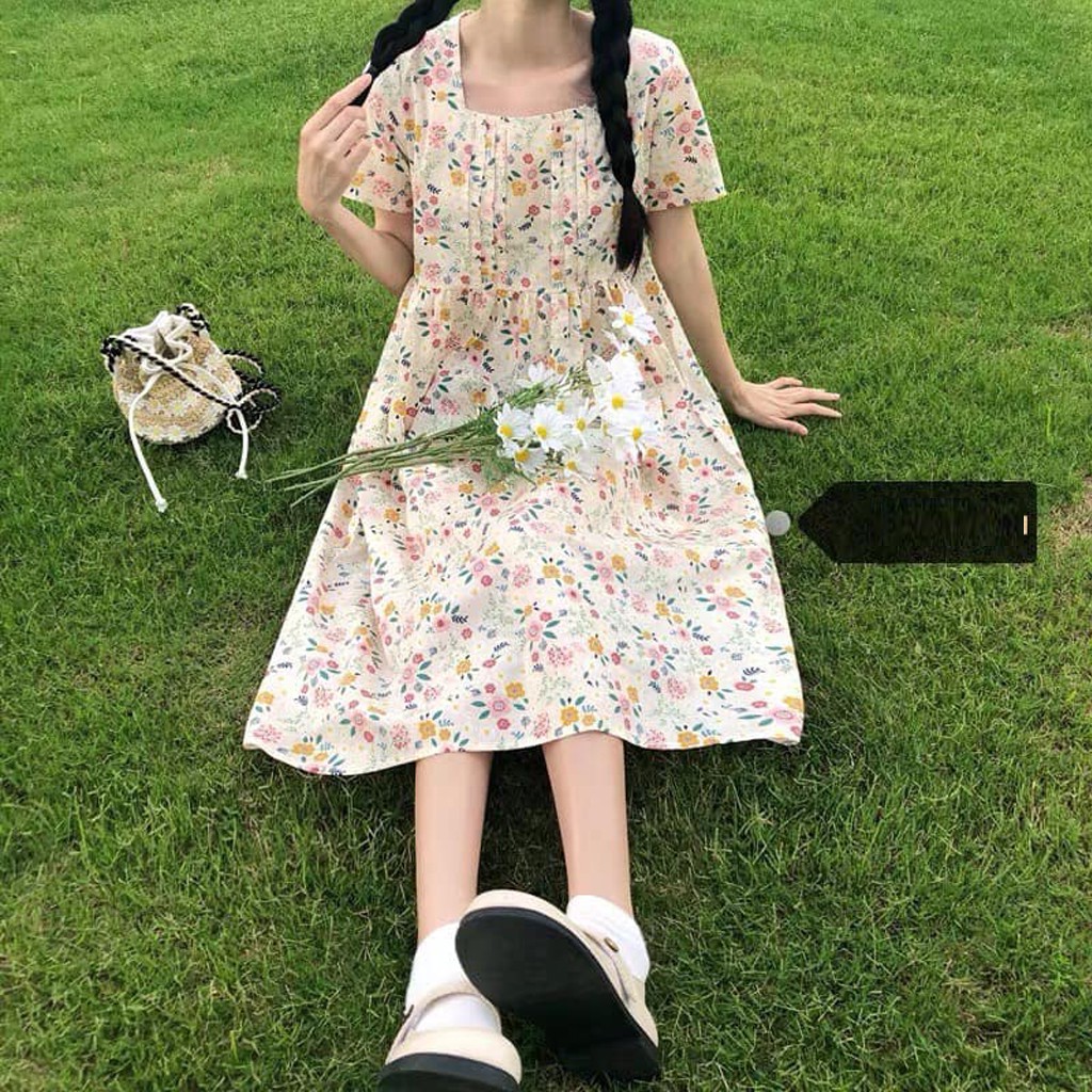 Váy babydoll hoa nhí cổ vuông xếp li ngực ulzzang, Đầm dự tiệc ulzzang hoa nhí dáng rộng chất thô lụa ngọt ngào -V9005 | BigBuy360 - bigbuy360.vn