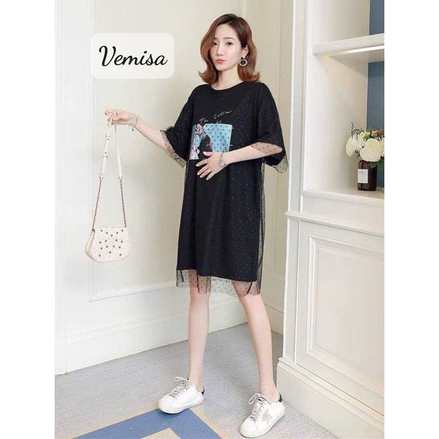 Váy bầu quảng châu dáng suông phối ren lưới cá tính - Đầm bầu thiết kế w160