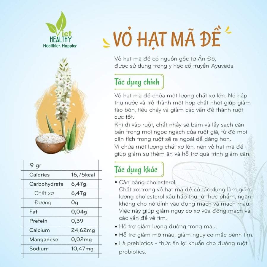 Vỏ hạt mã đề Viet Healthy 150g - Vỏ hạt mã đề Viethealthy giàu chất xơ, hỗ trợ thải độc, làm sạch đường tiêu hóa