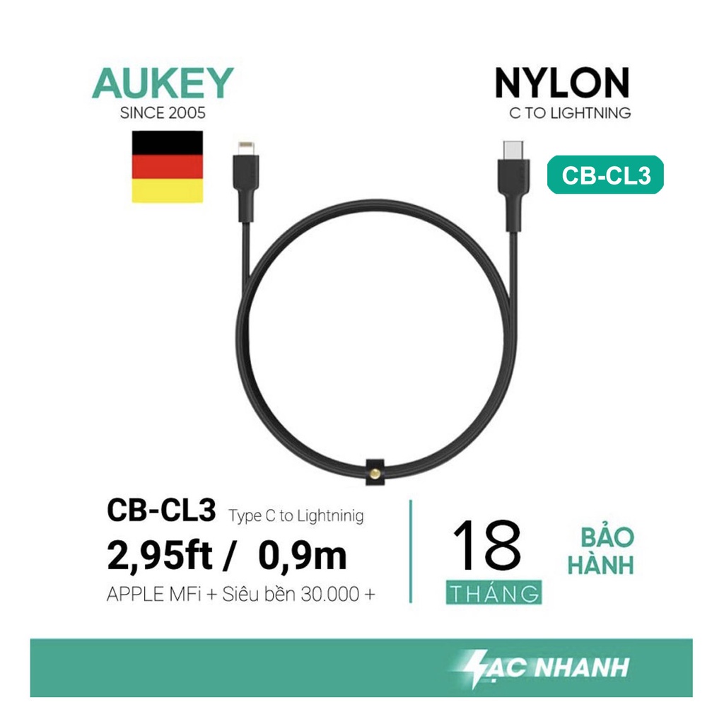 Củ Sạc Nhanh Aukey PA-R2S 40W 2 Cổng PD 20W+20W,Cáp Sạc CB-CL3 USB-C to L,BẢO HÀNH 18 THÁNG