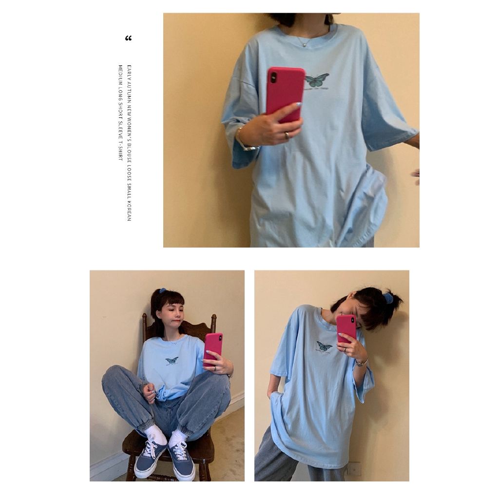 Áo Thun Nữ Dáng Dài Rộng Họa Tiết Bướm Đơn Giản Phong Cách Hàn Quốc