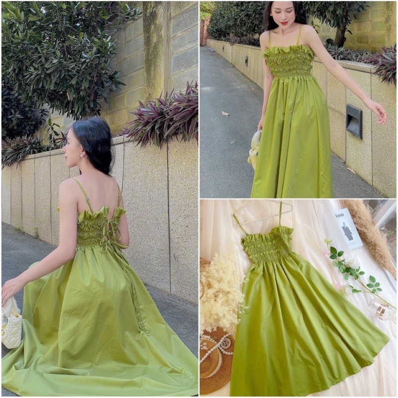 Váy 2 dây nhún ngực chun ôm ngực dáng xoè nhỏ chất thô lụa dáng dài