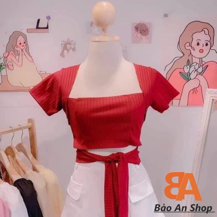 Áo croptop nữ kiểu cột dây eo (có mút lót ngực) chất vải thun gân len 4 chiều