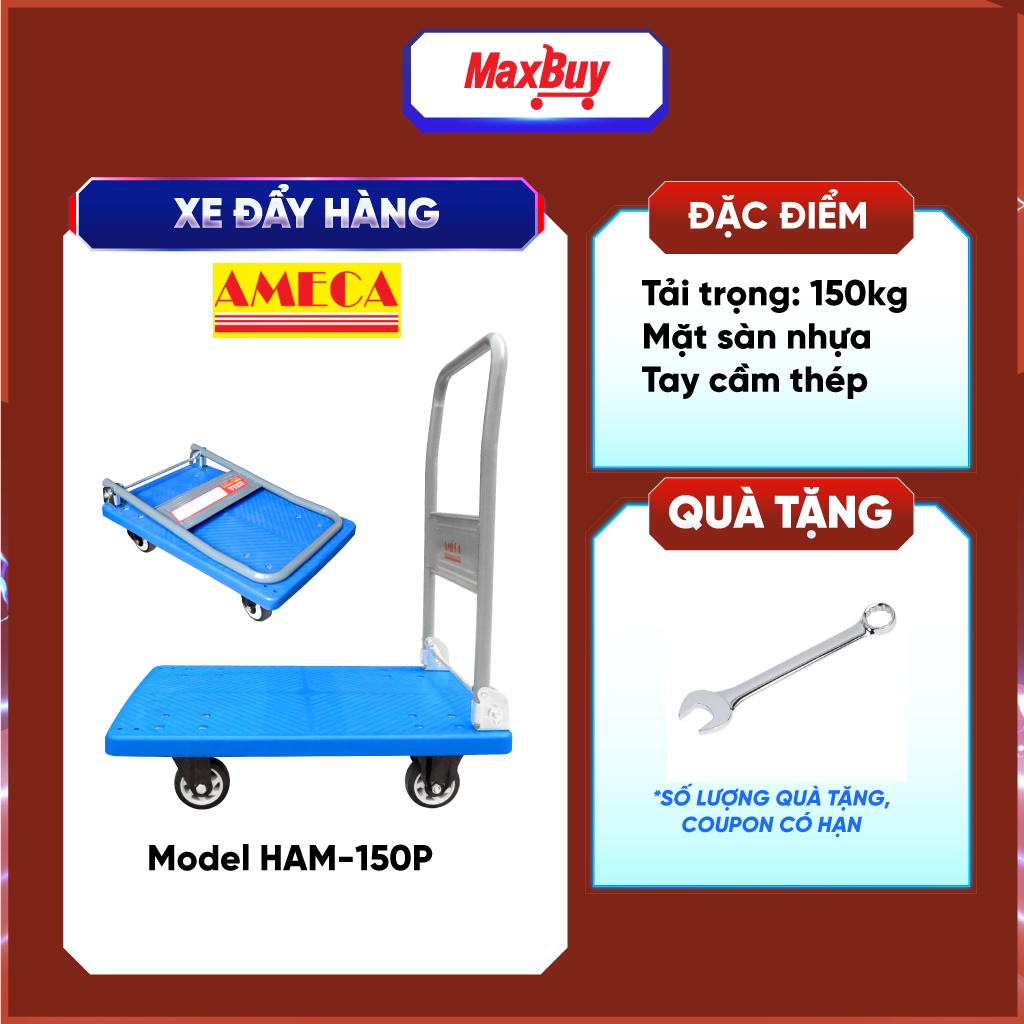 Xe đẩy hàng kéo hàng 4 bánh nhựa giảm ồn tốt sàn nhựa gấp gọn AMECA tải trọng 150kg giao hỏa tốc HN