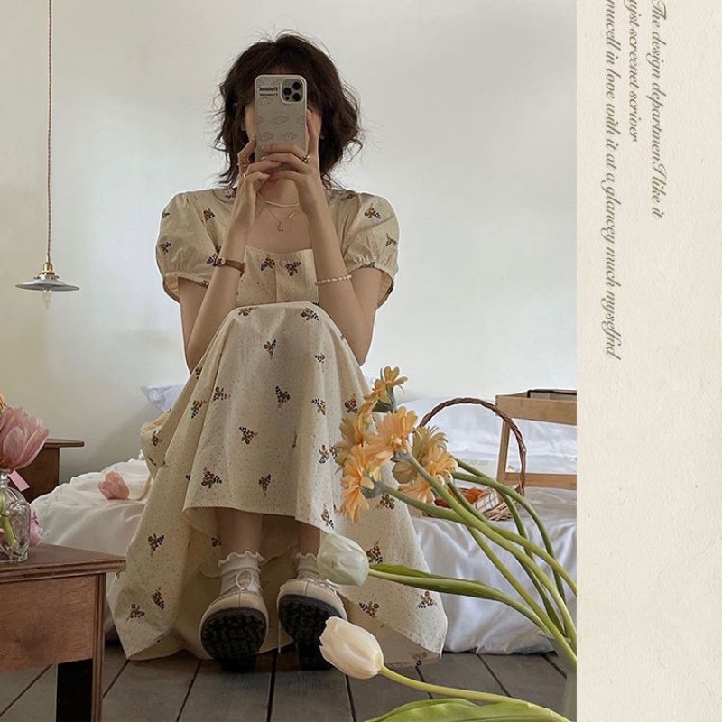 Đầm Hoa Tay Phồng Cổ Vuông Thiết Kế Mới Thời Trang Mùa Hè Theo Phong Cách Pháp Cho Nữ
