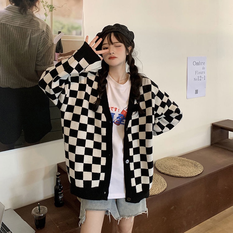 Áo khoác cardigan IELGY dệt kim họa tiết caro dễ phối đồ phong cách Hàn Quốc