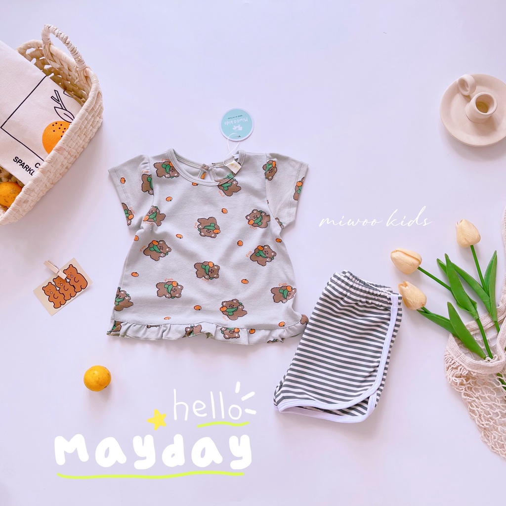 [Bé 7-19kg] Bộ ngắn tay cổ viền bèo quần sọc dệt Bozip mềm mịn xinh xắn cho bé gái