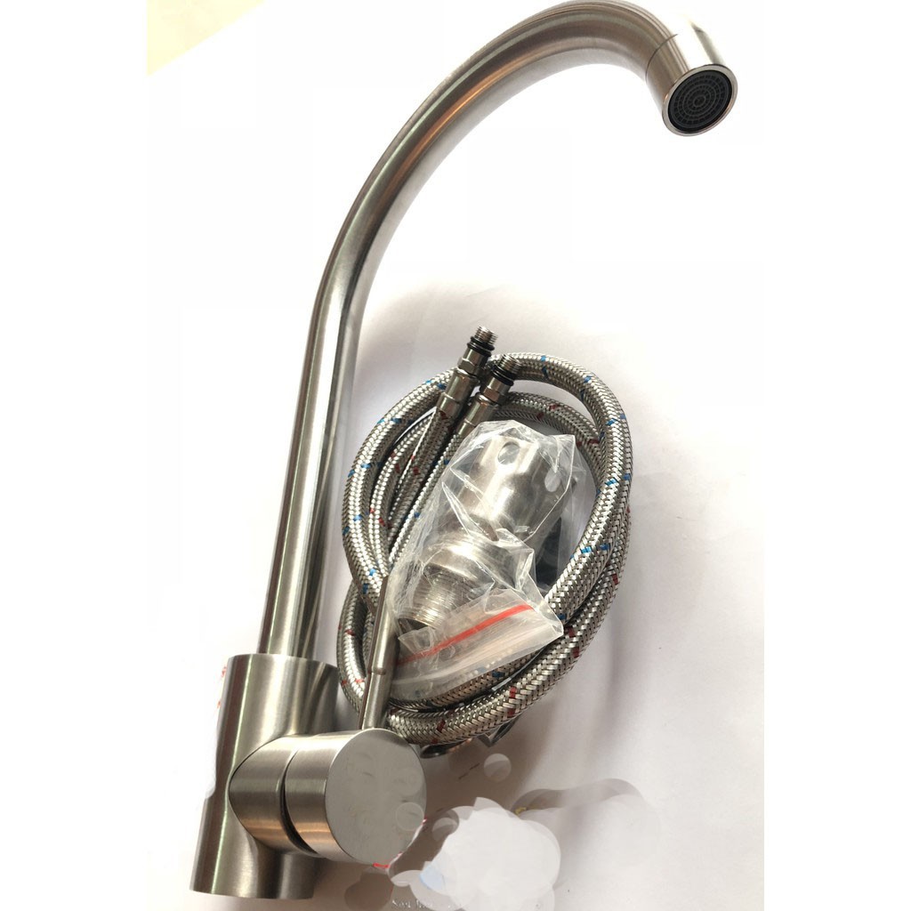 Vòi Rửa Chén Bát Nóng Lạnh INOX 304 V19 và 2 dây nóng lạnh dùng cho 2 hộc chậu cần cứng