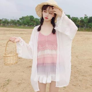[ sẵn xanh]Set áo 2 dây đan len phối lưới áo khoác chiffon (kèm hình thật)