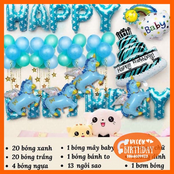 Set Trang Trí Sinh Nhật ️🦄TUỔI NGỰA🦄 Siêu Dễ Thương Cho Bé Trai, Đầy Đủ Như Hình Tặng Kèm Đồ Bơm Băng Dính