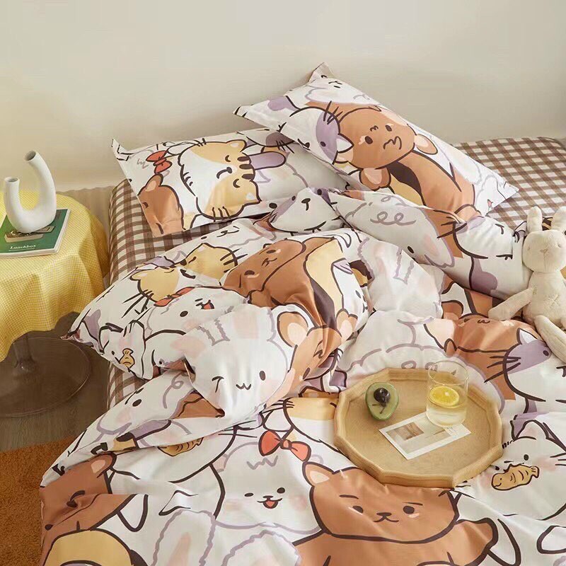 Bộ chăn ga gối Poly Cotton Mèo Thỏ nhí nhố đáng yêu (Tặng vỏ gối ôm) - Miễn phí bo chun