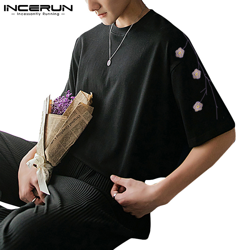 Áo Thun T-shirt INCERUN Dành Cho Nam Thiết Kế Tay Ngắn Thêu Hình Đơn Giản Trơn Màu