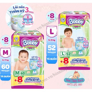 Tã quần bobby size m60,l52 tặng 8 mẫu mới lõi nén 3mm