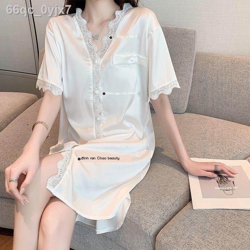 ♟┇✈Đồ ngủ của phụ nữ mùa hè ngắn tay voan băng lụa váy sexy màu trắng mới giữa xuân và thu lưới đỏ nóng