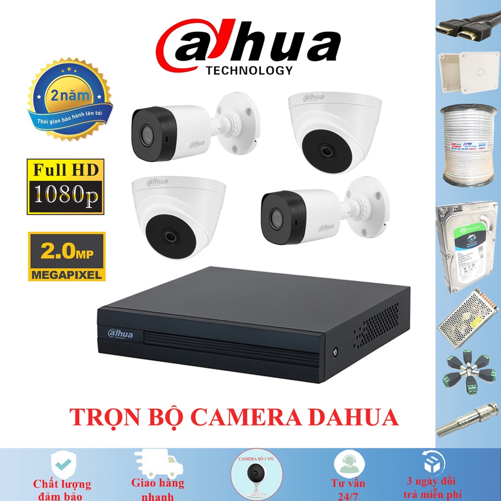 Trọn Bộ Camera Dahua 2.0MP Full HD 1080P, 1/2/3/4 mắt camera full phụ kiện lắp đặt