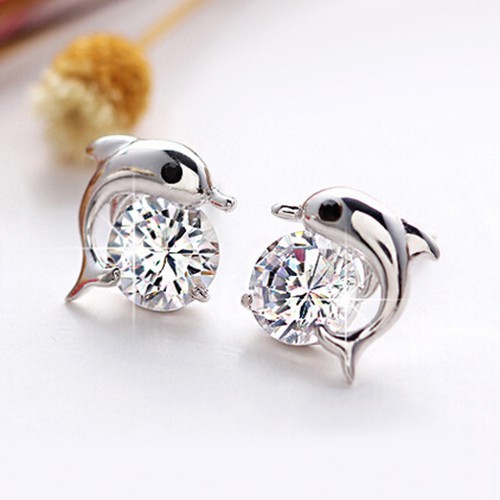 Hoa tai xi bạc mặt hình cá heo cho nữ