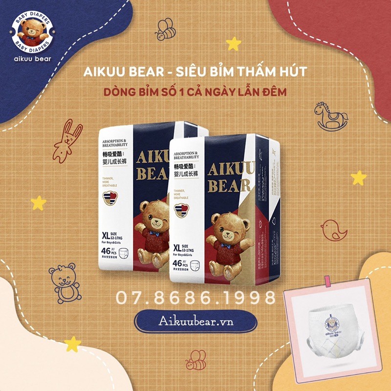 Bỉm Aikuubear Dán/Quần đủ Size - Siêu Mềm Mỏng, Thấm Hút