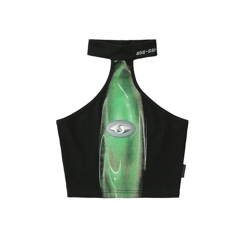 ●Meiyu Áo Sát Nách Cotton Cắt Cổ / Vai In Họa Tiết Màu Xanh Lá Phong Cách Trừu Tượng Chính Hãng Meiy