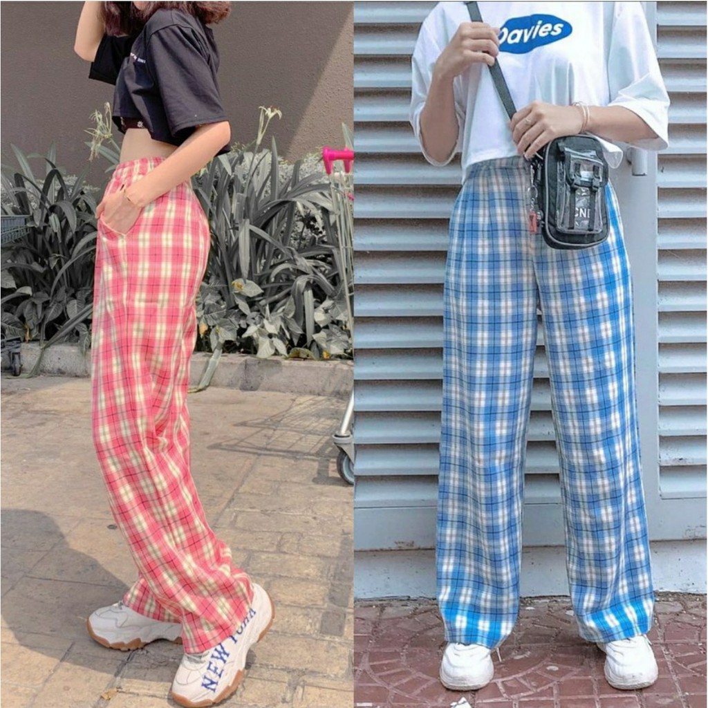 Quần ống rộng lưng cao unisex GURI quần caro ống rộng Tặng quà ngẫu nhiên QCR01