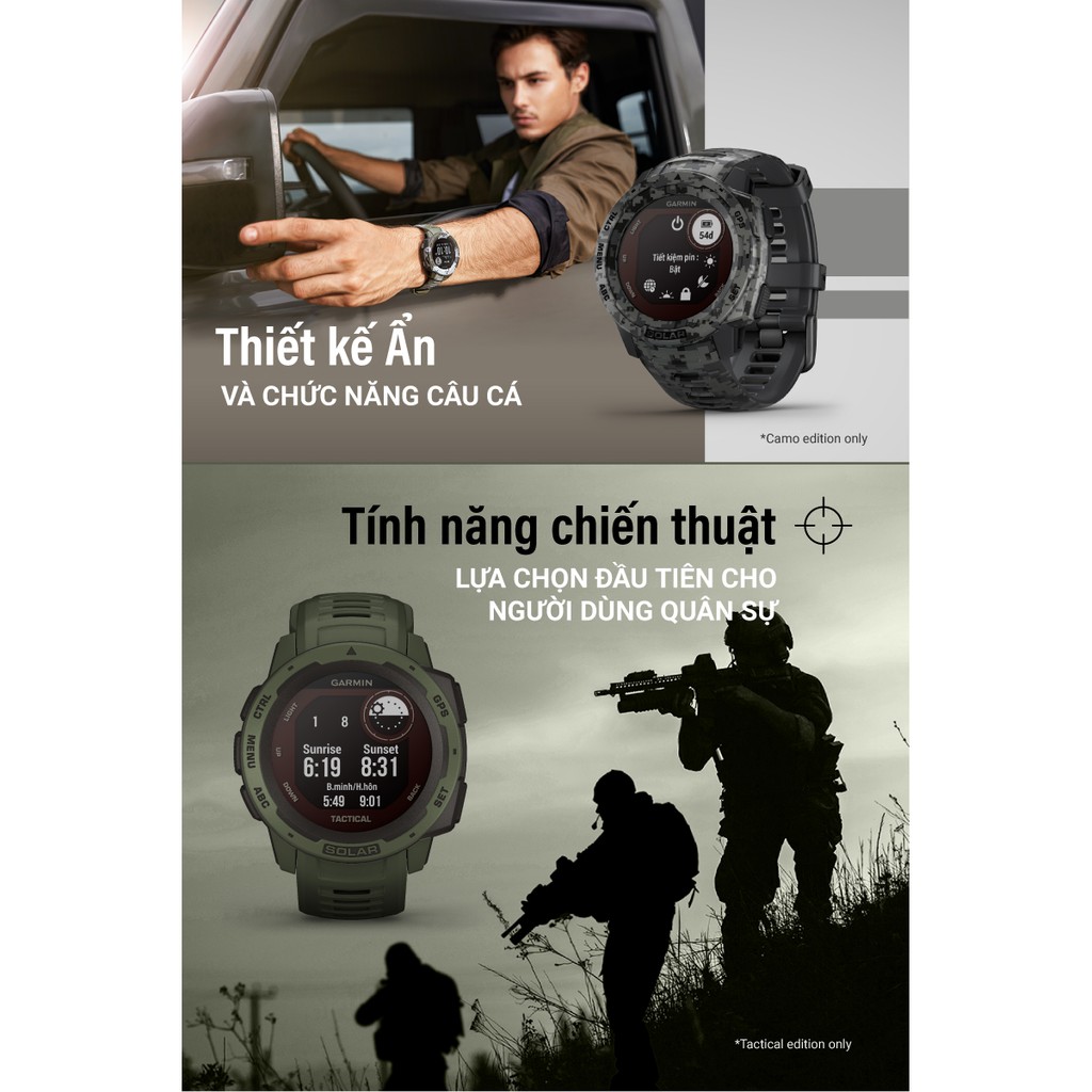 Vòng đeo tay theo dõi sức khỏe Garmin Instinct Solar, Camo Edition, GPS Watch, SEA