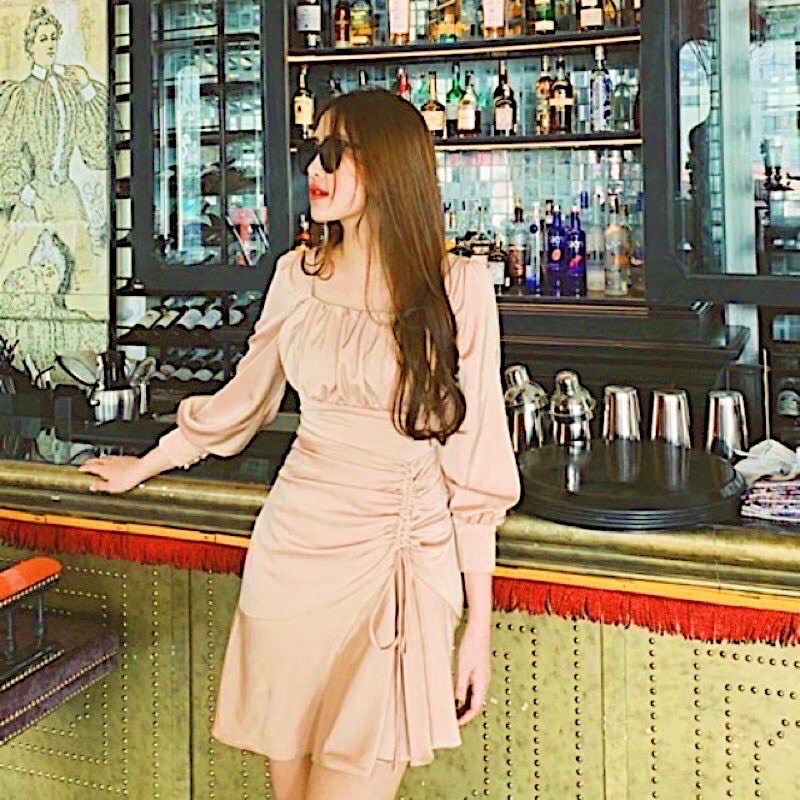 Đầm nhúng ngực tùng rút dây tay dài 2 màu