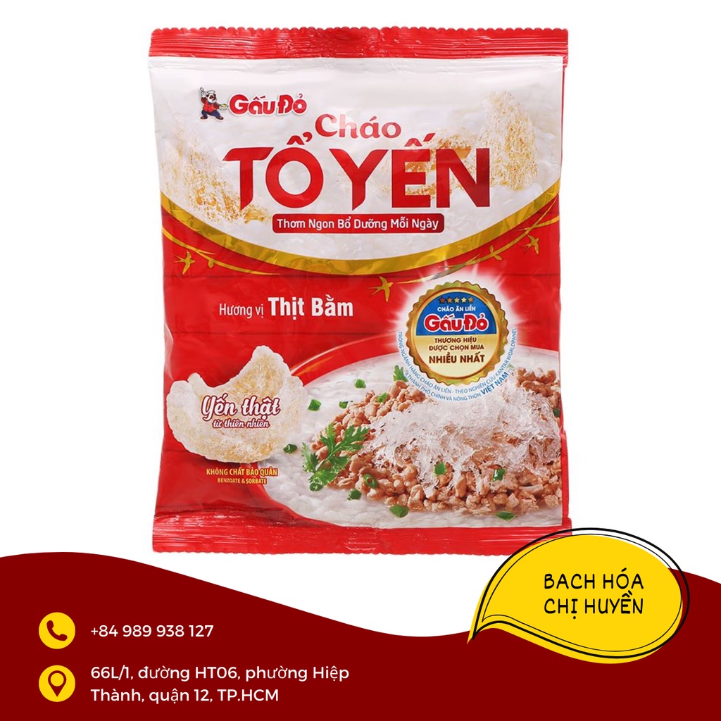 Thùng 30 gói Cháo tổ yến Gấu Đỏ vị thịt gà/ thịt bằm gói 50g