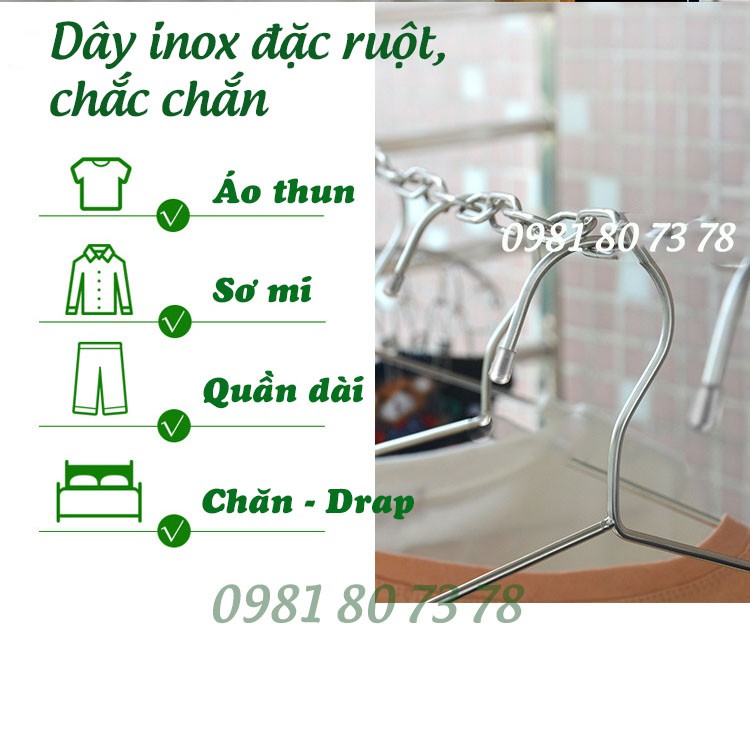 Dây phơi inox, dây phơi quần áo, dây phơi treo quần áo có 2 móc -SG