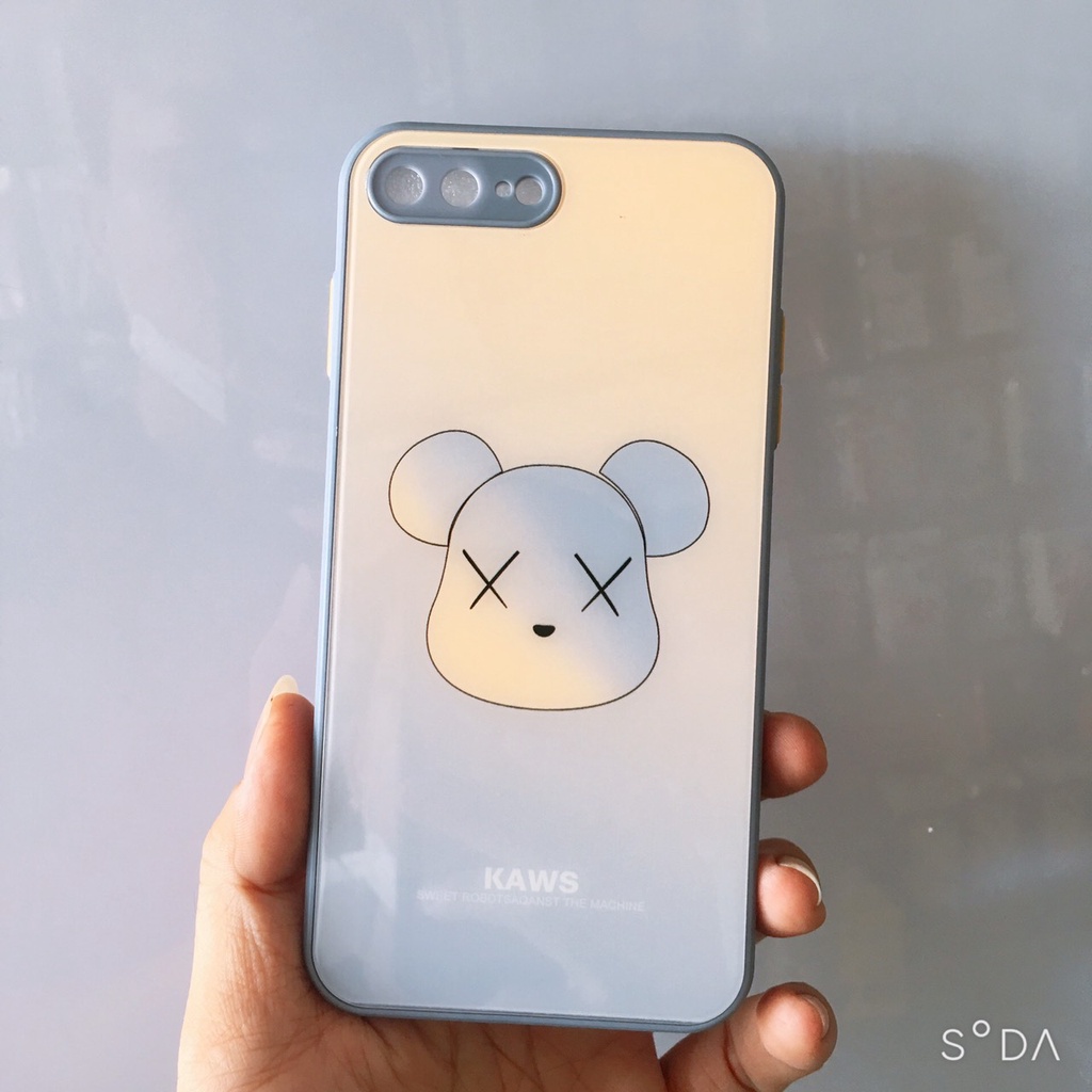 Ốp lưng kính viền vuông Gấu Kaws, phím bấm màu iPhone 6.6s/6Plus/7/8/7Plus/8Plus/ Xs Max