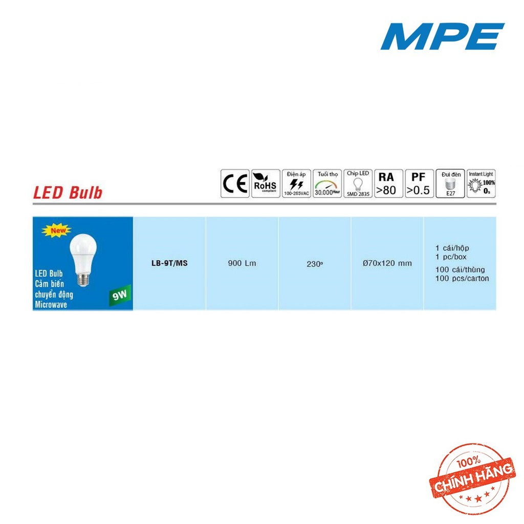 [Hàng Chính Hãng] Đèn LED MPE Bulb Cảm Biến Chuyển Động 9W Ánh Sáng Trắng – HIBUCN3