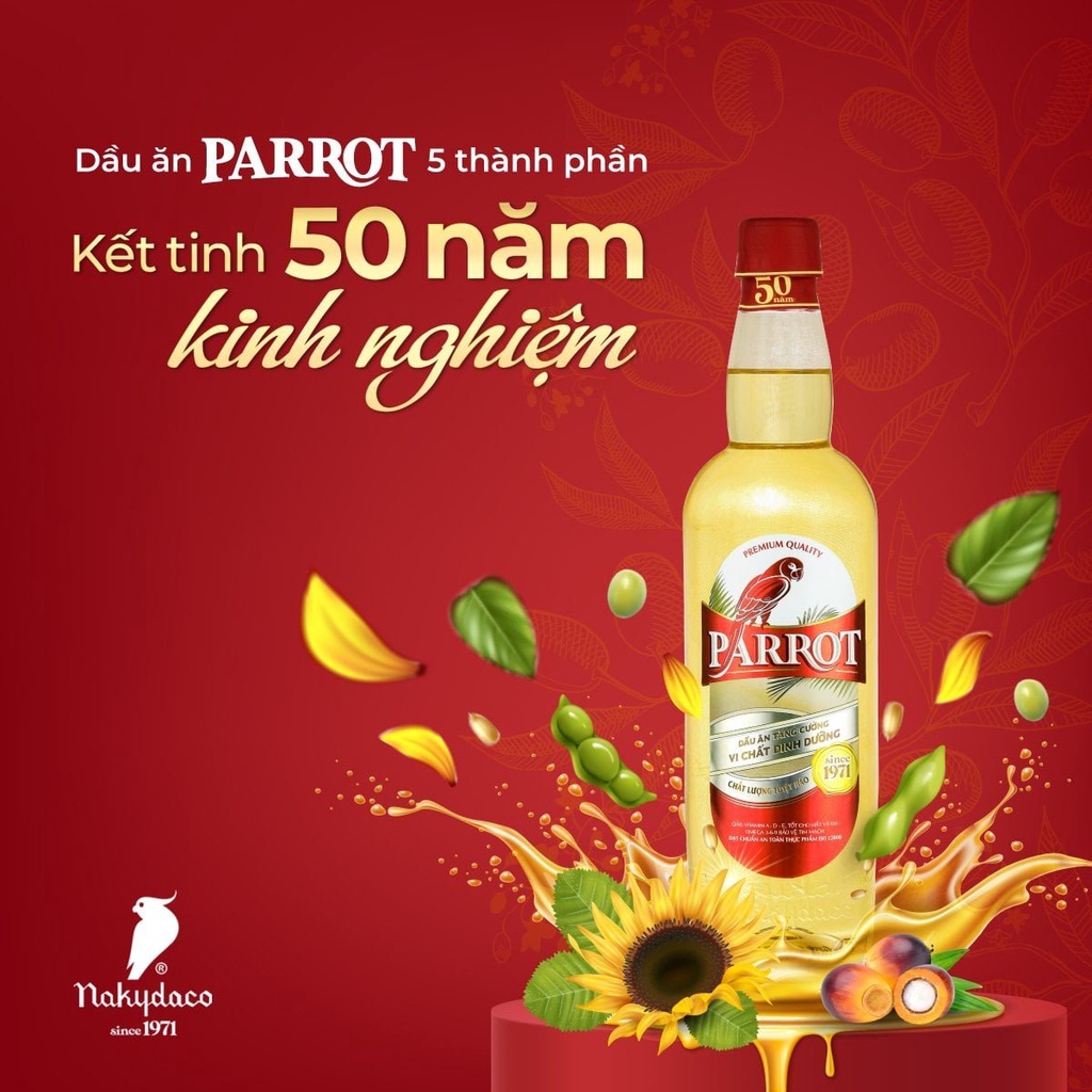 Dầu Ăn Cao Cấp Parrot 1L- Đánh Dấu Hành Trình 50 năm Nakydaco-Sản Phẩm Thượng Hạng