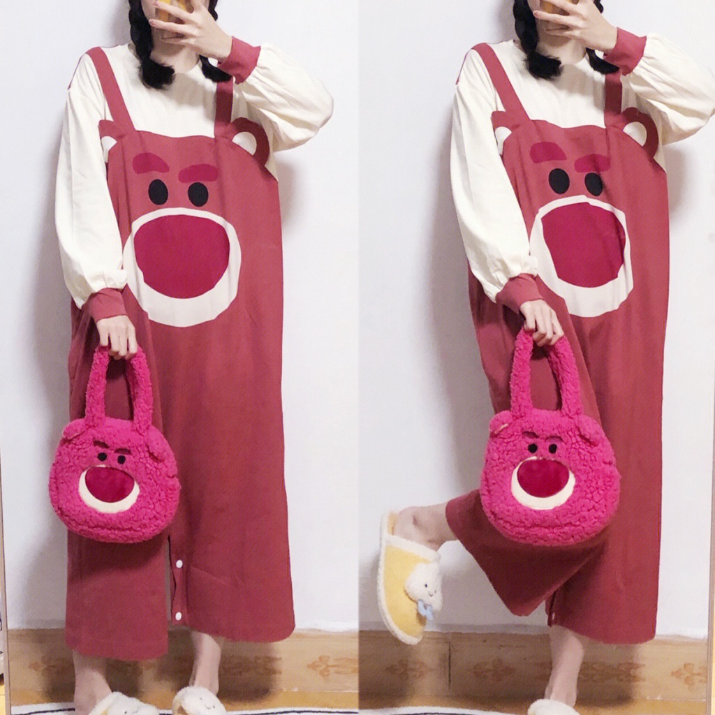 Bộ Đồ Ngủ Liền Thân Vải Cotton Dáng Rộng In Hoạt Hình Gấu Dâu Tây Dễ Thương Cho Nữ