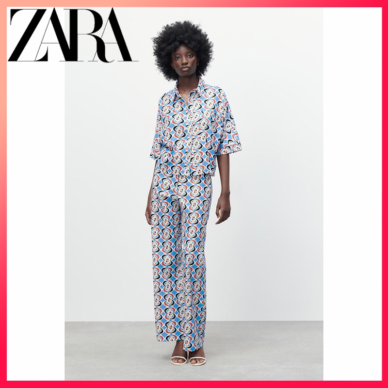 Zara Bộ Áo Sơ Mi Dáng Rộng In Họa Tiết + Quần Xinh Xắn Dành Cho Nữ