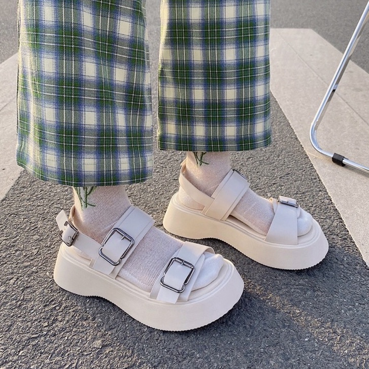 Dép Sandal Ulzzang LOẠI 1 - Giày đi học nữ đế cao hai quai cài khuy phong cách mang áo dài