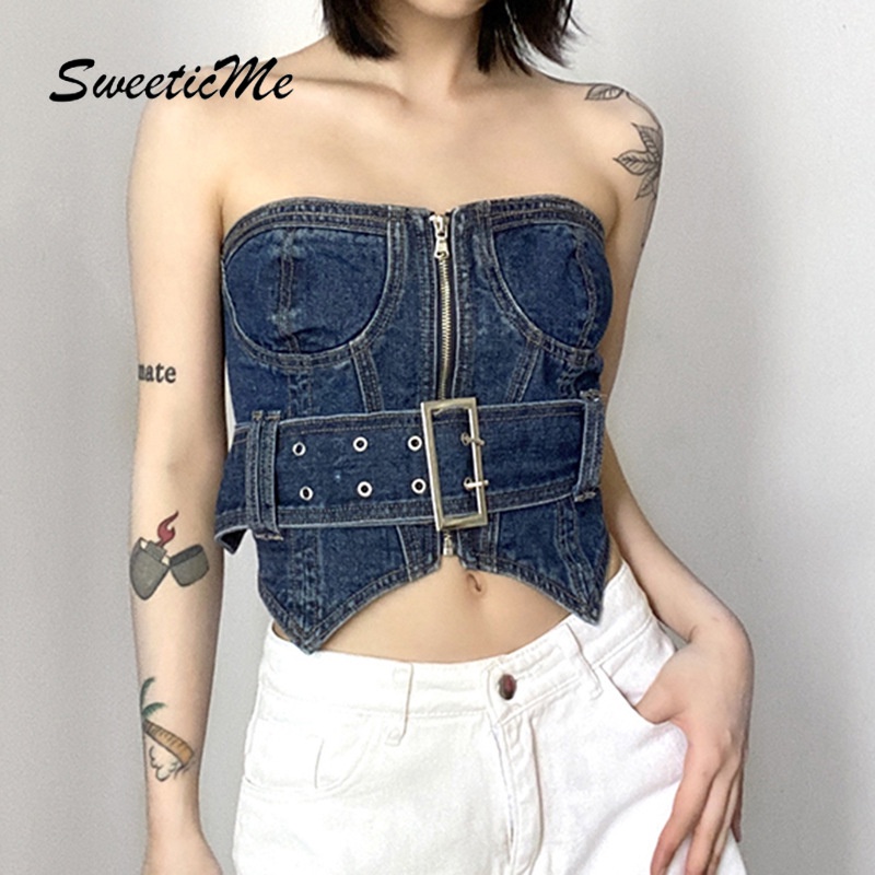 Áo Ống Denim Mỏng Lệch Tà Phối Thắt Lưng Thời Trang 2020 Cho Nữ