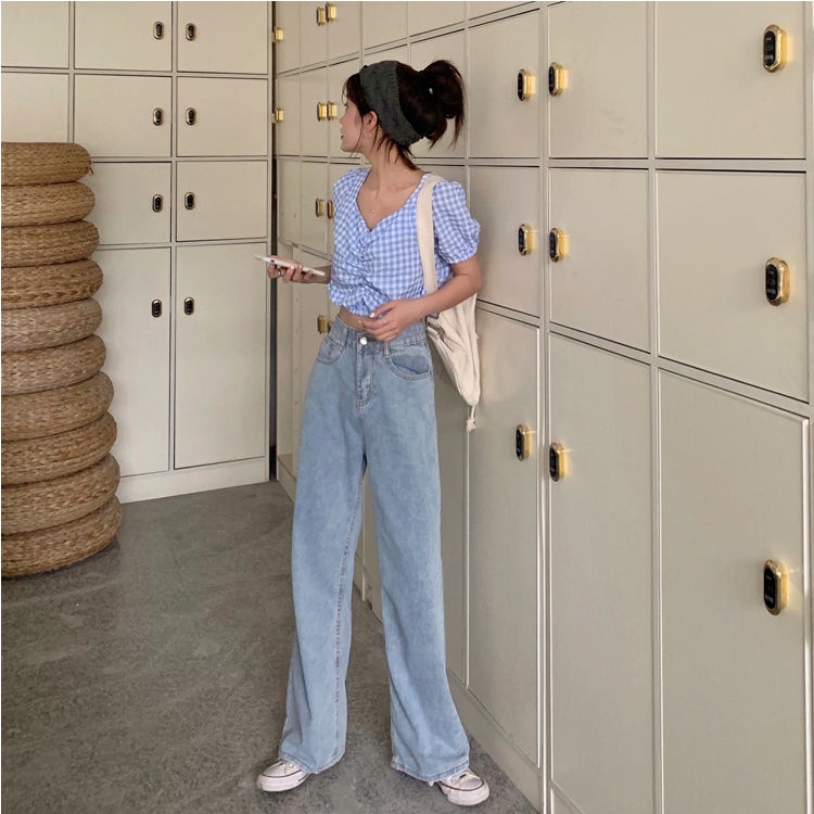 Quần jeans dài ống rộng thời trang Hàn Quốc cho nữ