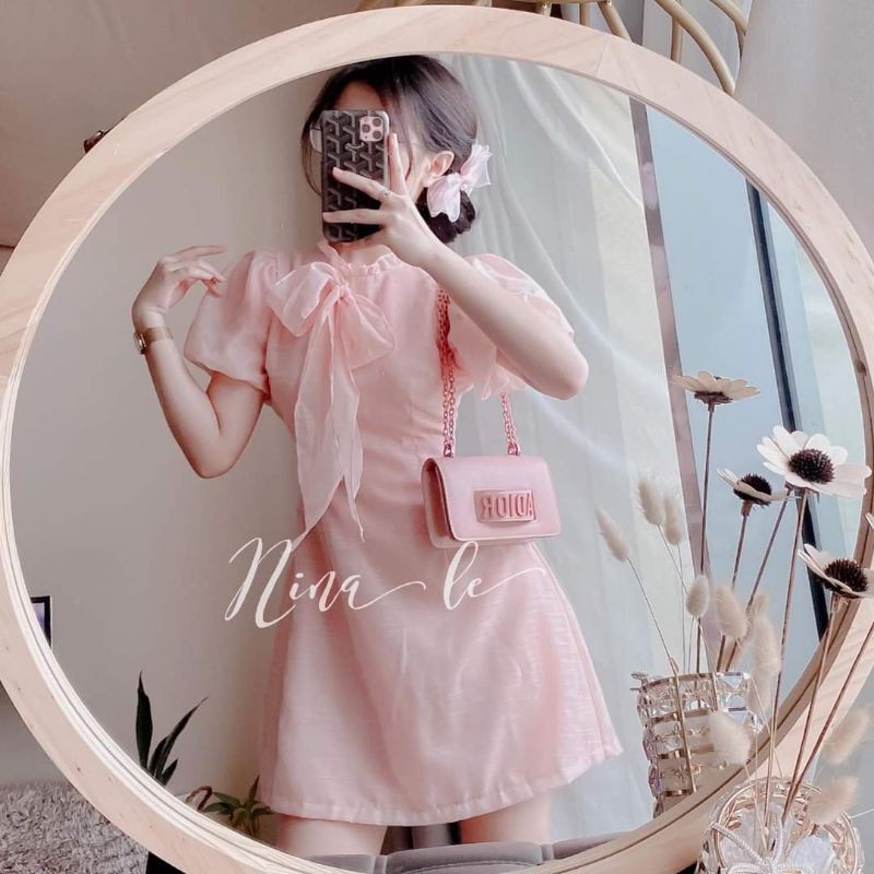 Váy dự tiệc hồng cổ thắt nơ bèo tay bồng tiểu thư