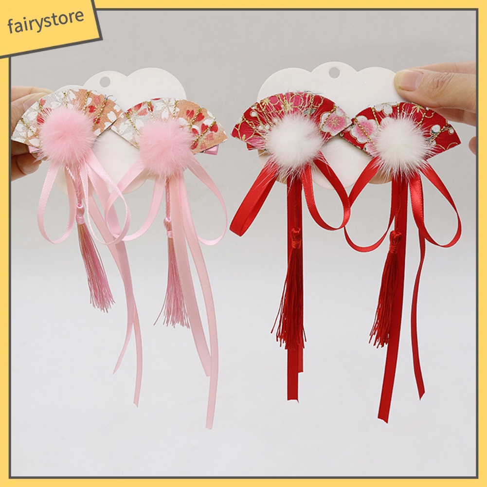 1 Cặp Kẹp Tóc Hình Quạt Phối Tua Rua Phong Cách Trung Hoa Cho Bé Gái