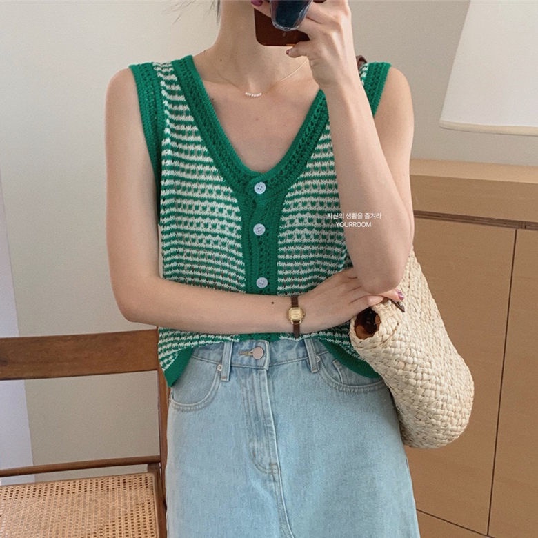 Áo Cardigan Không Tay Cổ Chữ V Màu Sắc Tương Phản Thời Trang Mùa Hè Cho Nữ