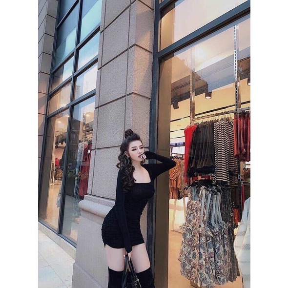 Đầm body nhún chens váy ôm cổ vuông sexy DT chất cotton đẹp