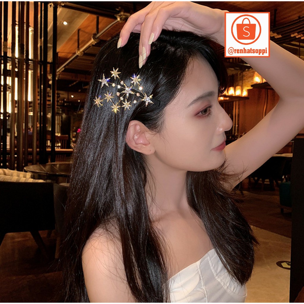 Kẹp tóc kim loại đính đá ngôi sao cho nữ, phụ kiện tóc sang chảnh