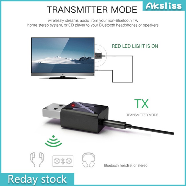 AKS 2 in 1 Bluetooth 5.0 Transmitter Receiver 3.5mm Wireless Stereo Audio Adapter