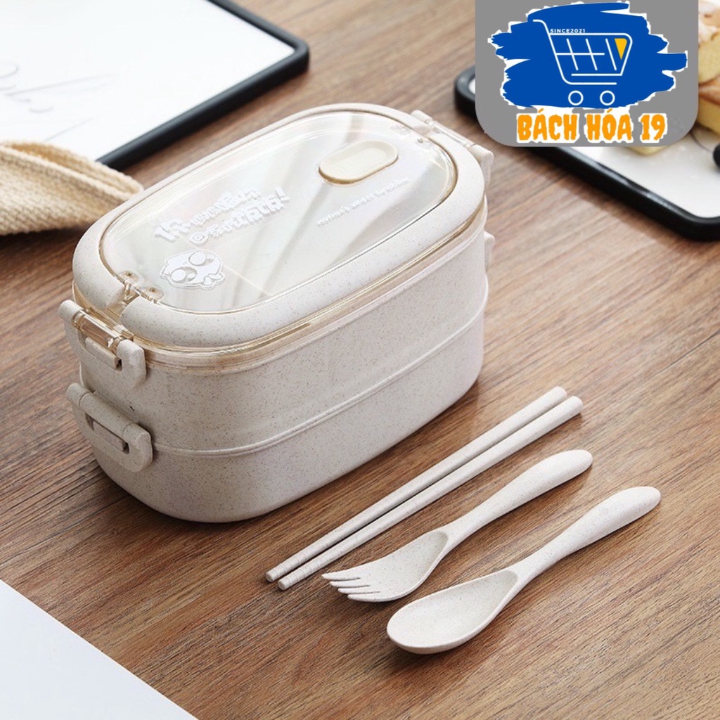 (CÓ TÚI) HỘP CƠM LÚA MẠCH 2 TẦNG KÈM BỘ ĐŨA THÌA DÙNG ĐƯỢC CHO LÒ VI SÓNG